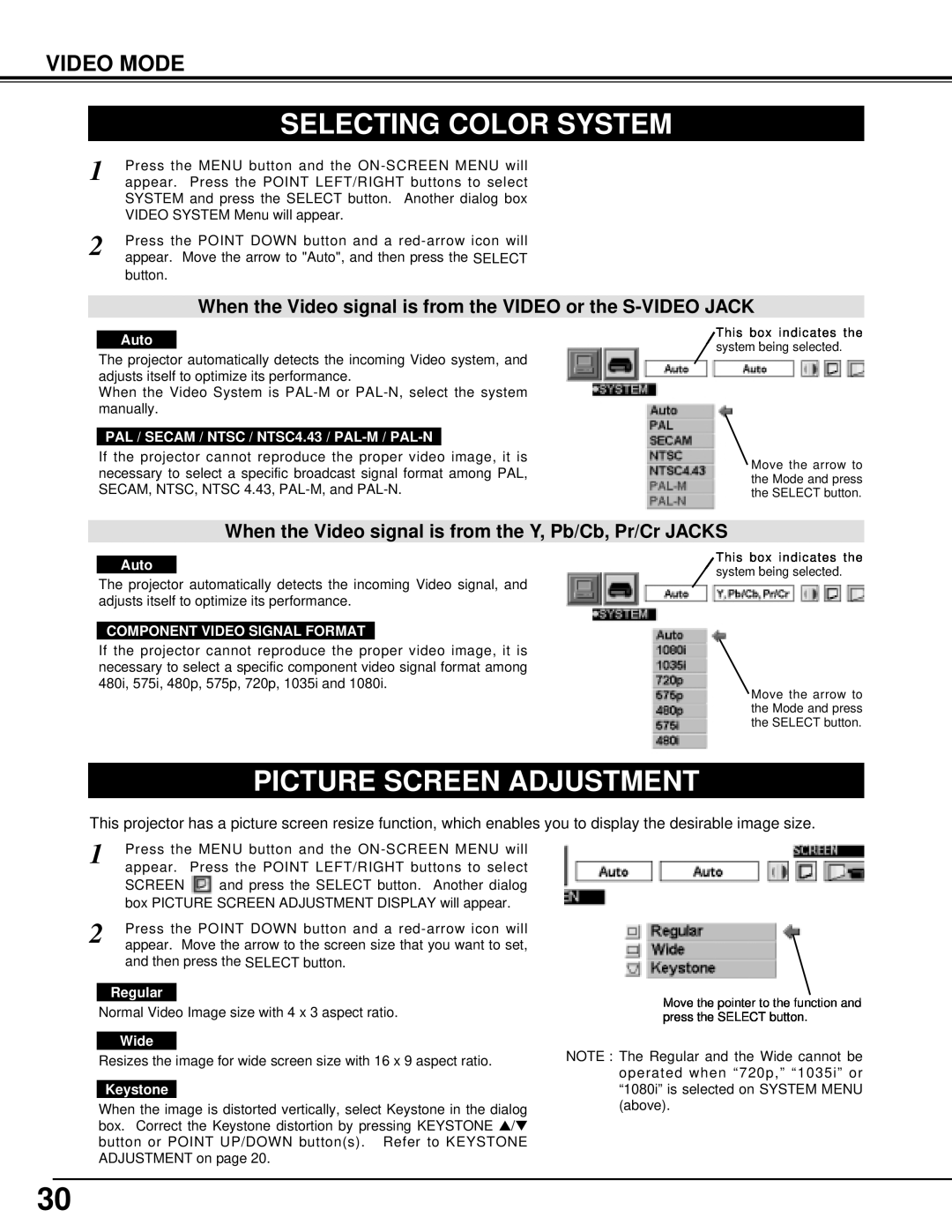 BOXLIGHT XP-5t Selecting Color System, When the Video signal is from the VIDEO or the S-VIDEO JACK, Video Mode, Auto, Wide 