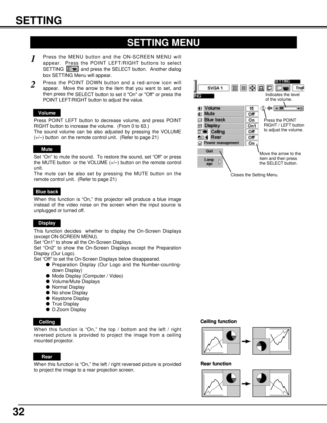 BOXLIGHT XP-5t manual Setting Menu, Volume, Mute, Blue back, Display, Ceiling, Rear 