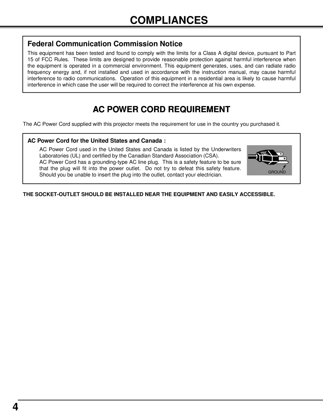 BOXLIGHT XP-5t manual Compliances, Ac Power Cord Requirement, Federal Communication Commission Notice 