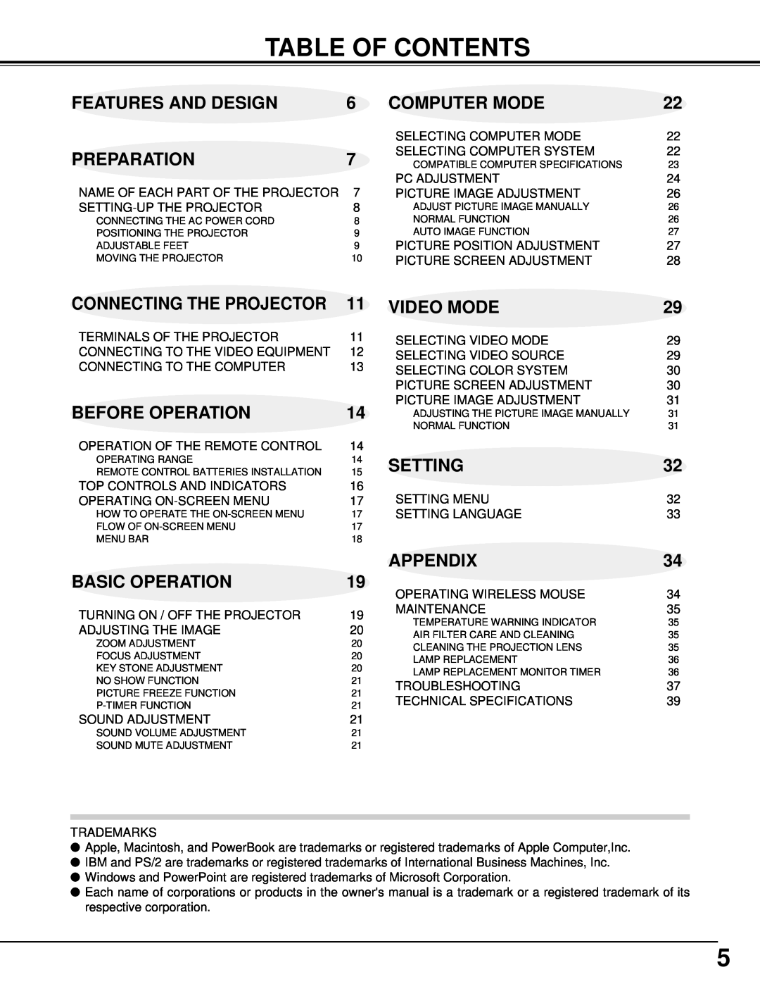 BOXLIGHT XP-5t Table Of Contents, Features And Design, Computer Mode, Preparation, Video Mode, Before Operation, Setting 