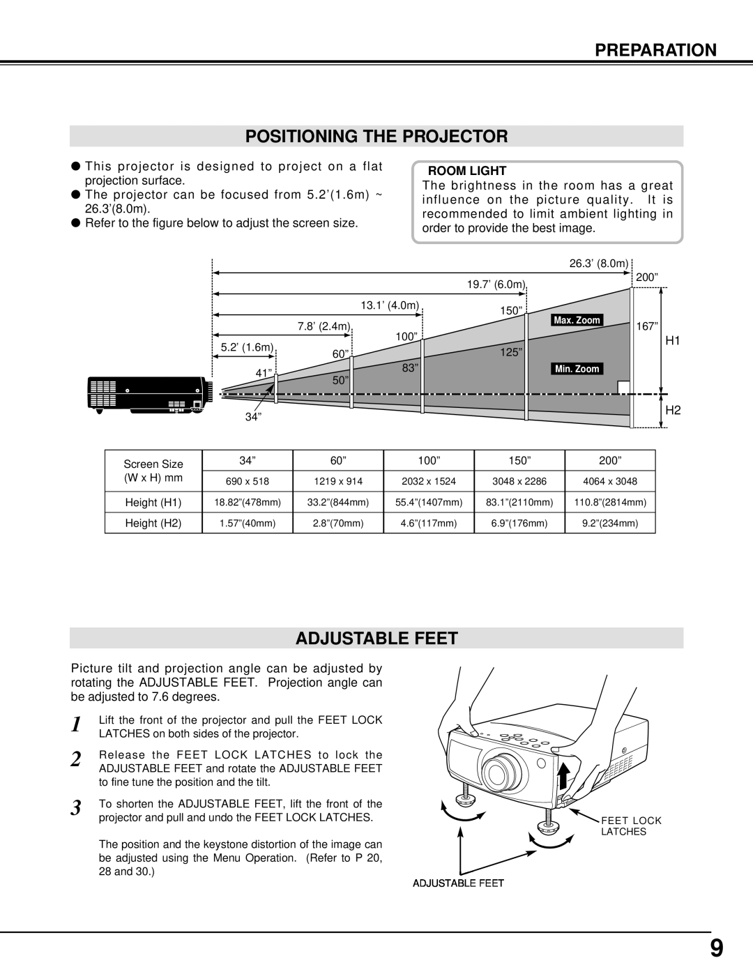 BOXLIGHT XP-5t manual Preparation Positioning The Projector, Adjustable Feet, Room Light 