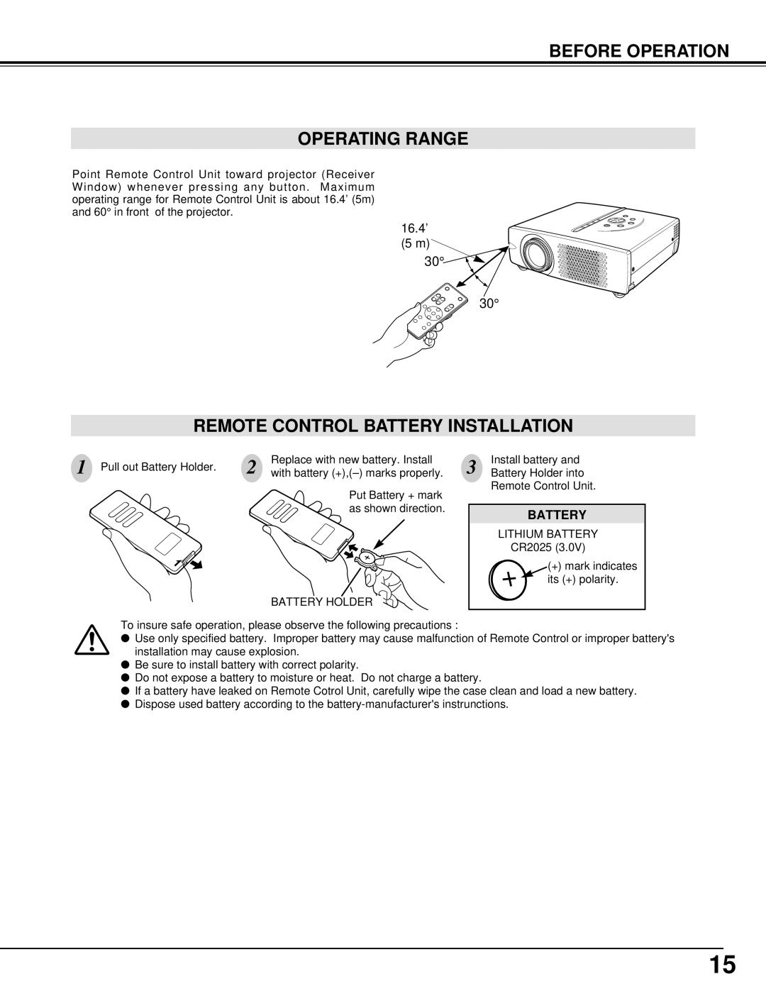 BOXLIGHT XP-8T manual Before Operation Operating Range, Remote Control Battery Installation 