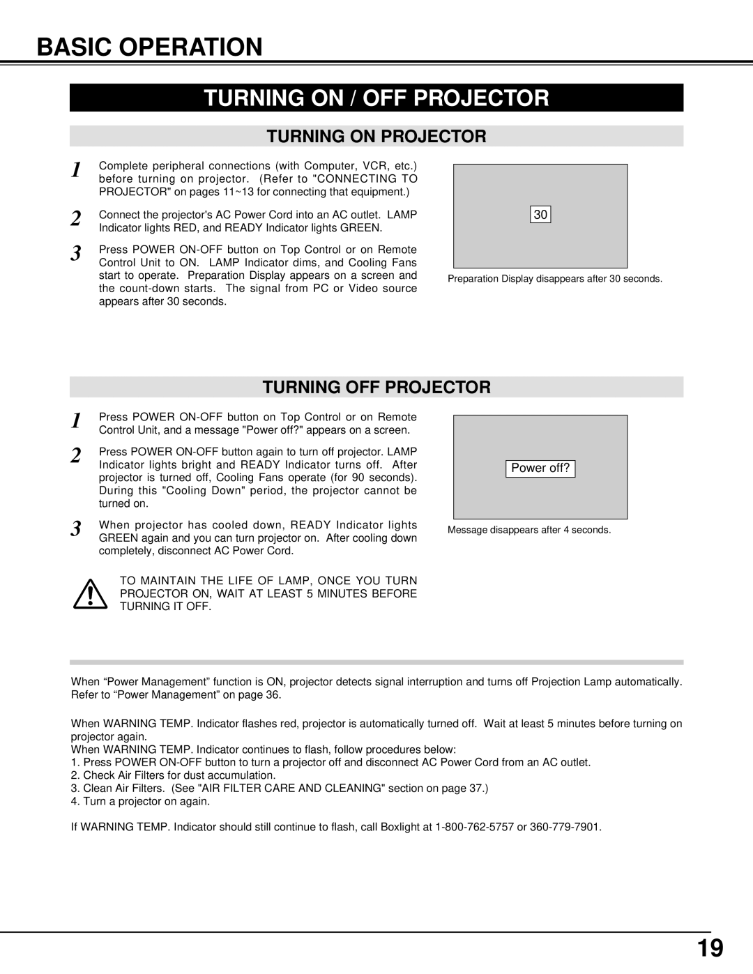 BOXLIGHT XP-8T manual Basic Operation, Turning on / OFF Projector, Turning on Projector, Turning OFF Projector 