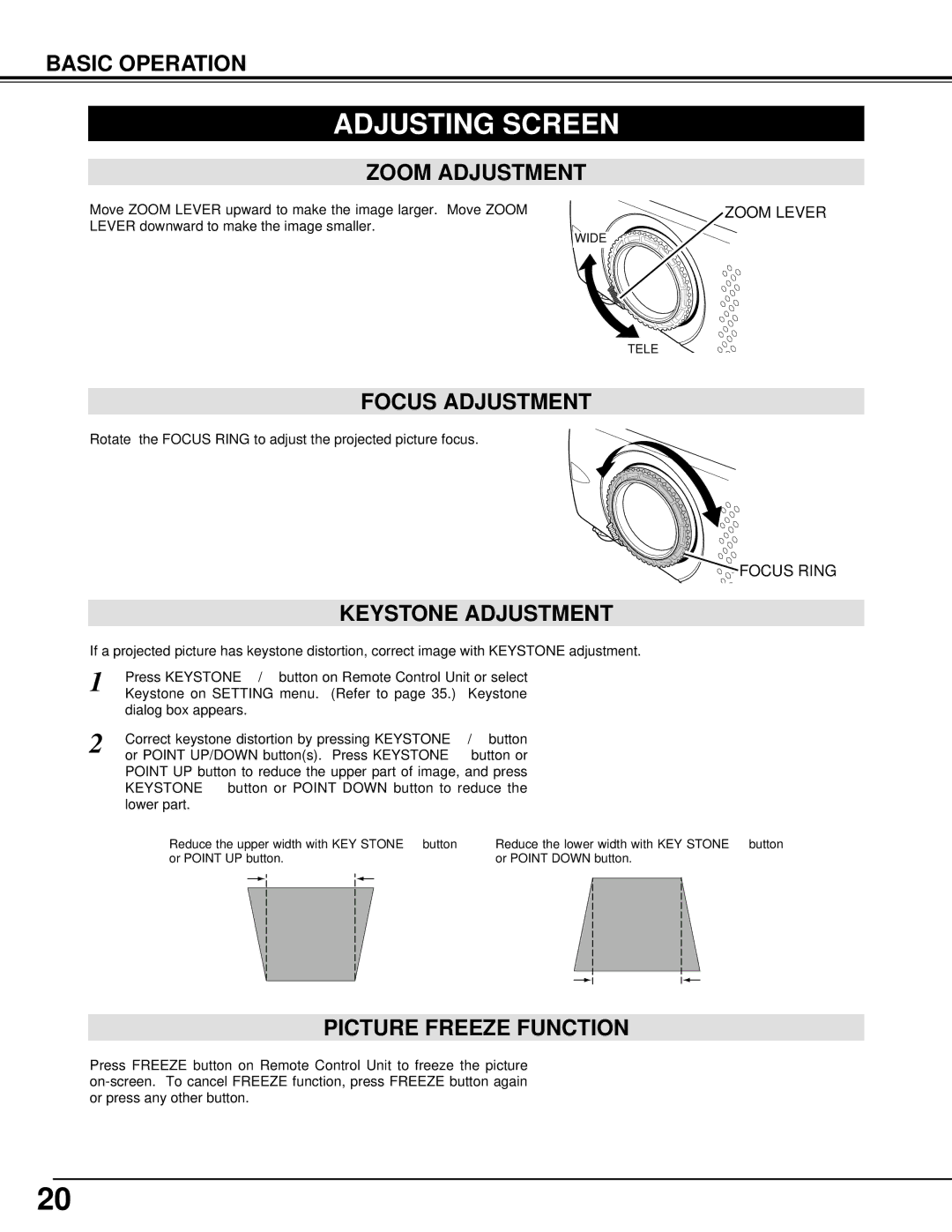 BOXLIGHT XP-8T manual Adjusting Screen, Zoom Adjustment, Focus Adjustment, Keystone Adjustment, Picture Freeze Function 