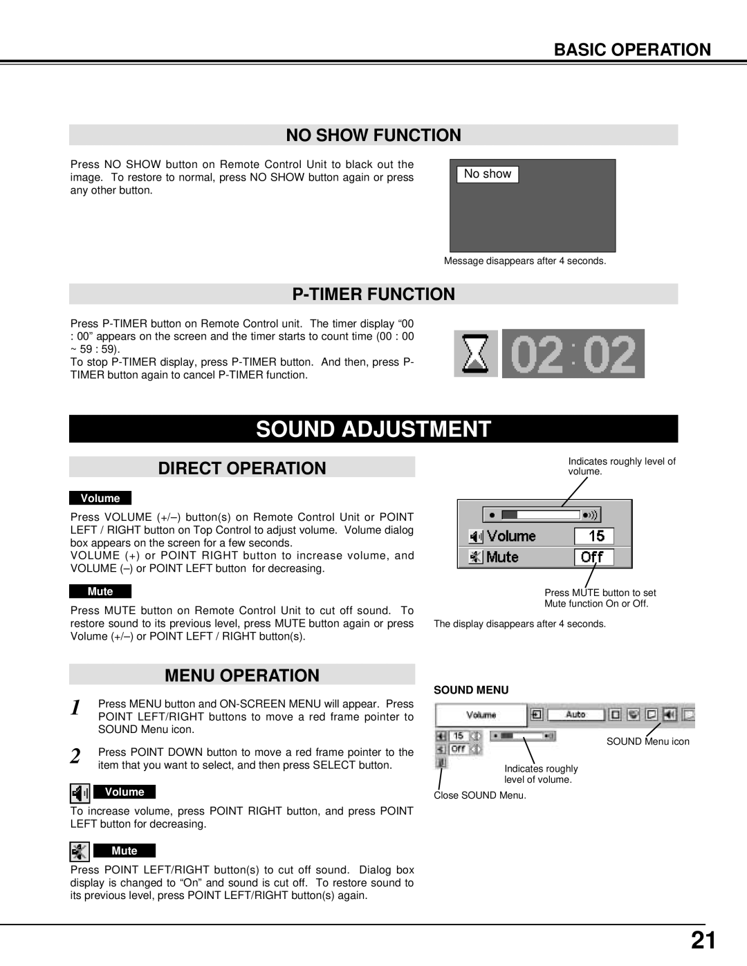 BOXLIGHT XP-8T manual Sound Adjustment, Basic Operation No Show Function, Timer Function, Direct Operation, Menu Operation 