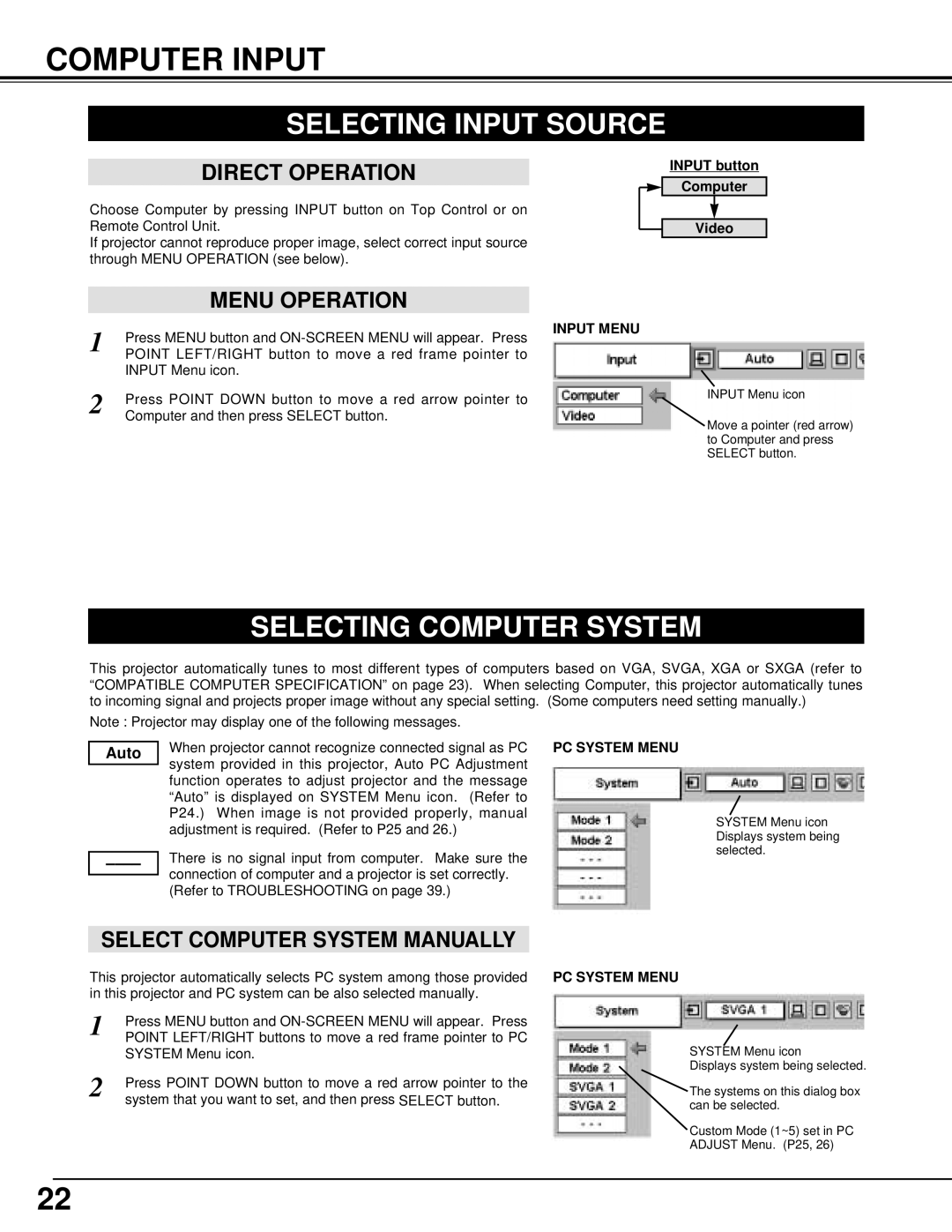 BOXLIGHT XP-8T Computer Input, Selecting Input Source, Selecting Computer System, Select Computer System Manually, Auto 