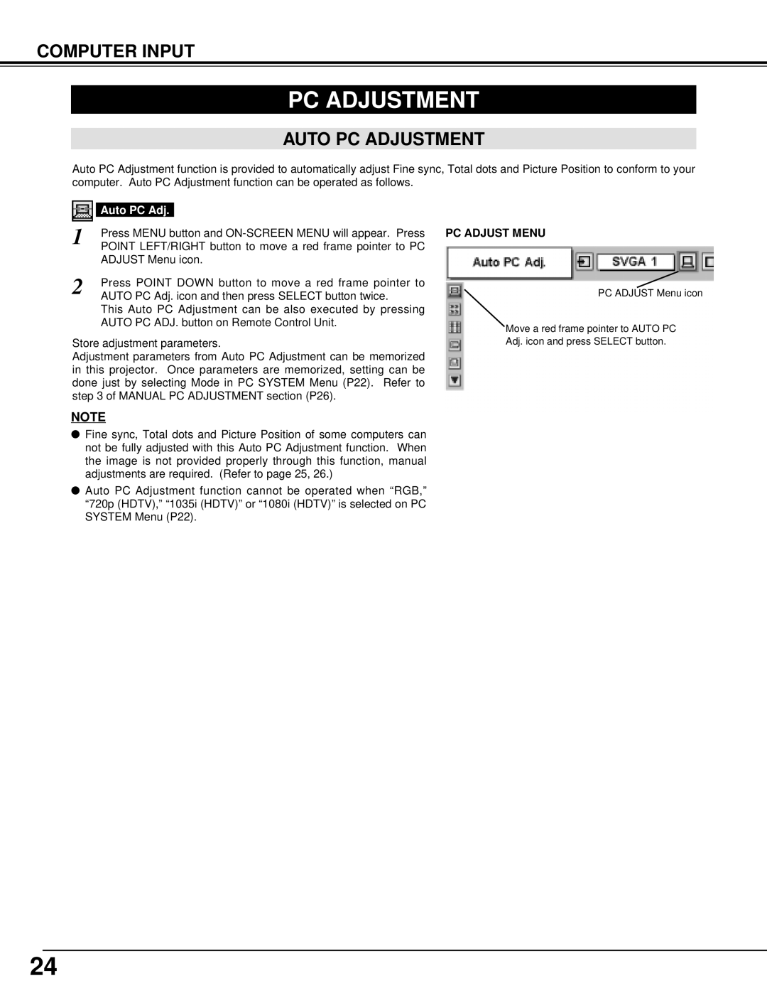 BOXLIGHT XP-8T manual Auto PC Adjustment, PC Adjust Menu 