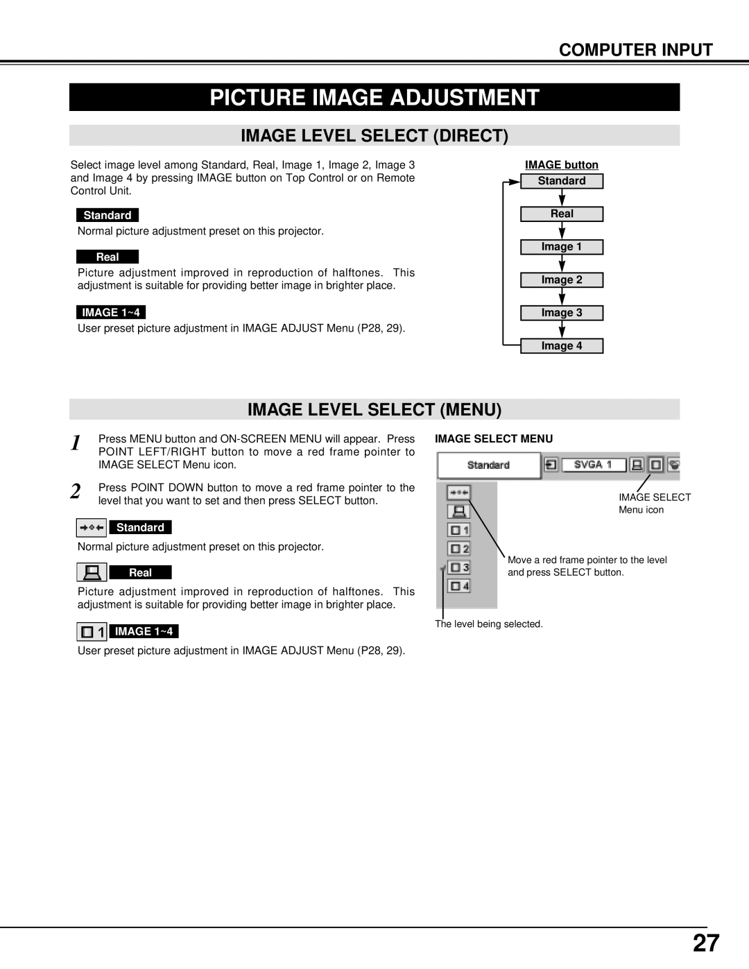 BOXLIGHT XP-8T manual Picture Image Adjustment, Image Level Select Direct, Image Level Select Menu, Image Select Menu 