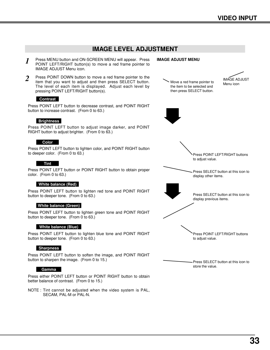 BOXLIGHT XP-8T manual Video Input Image Level Adjustment, Contrast 