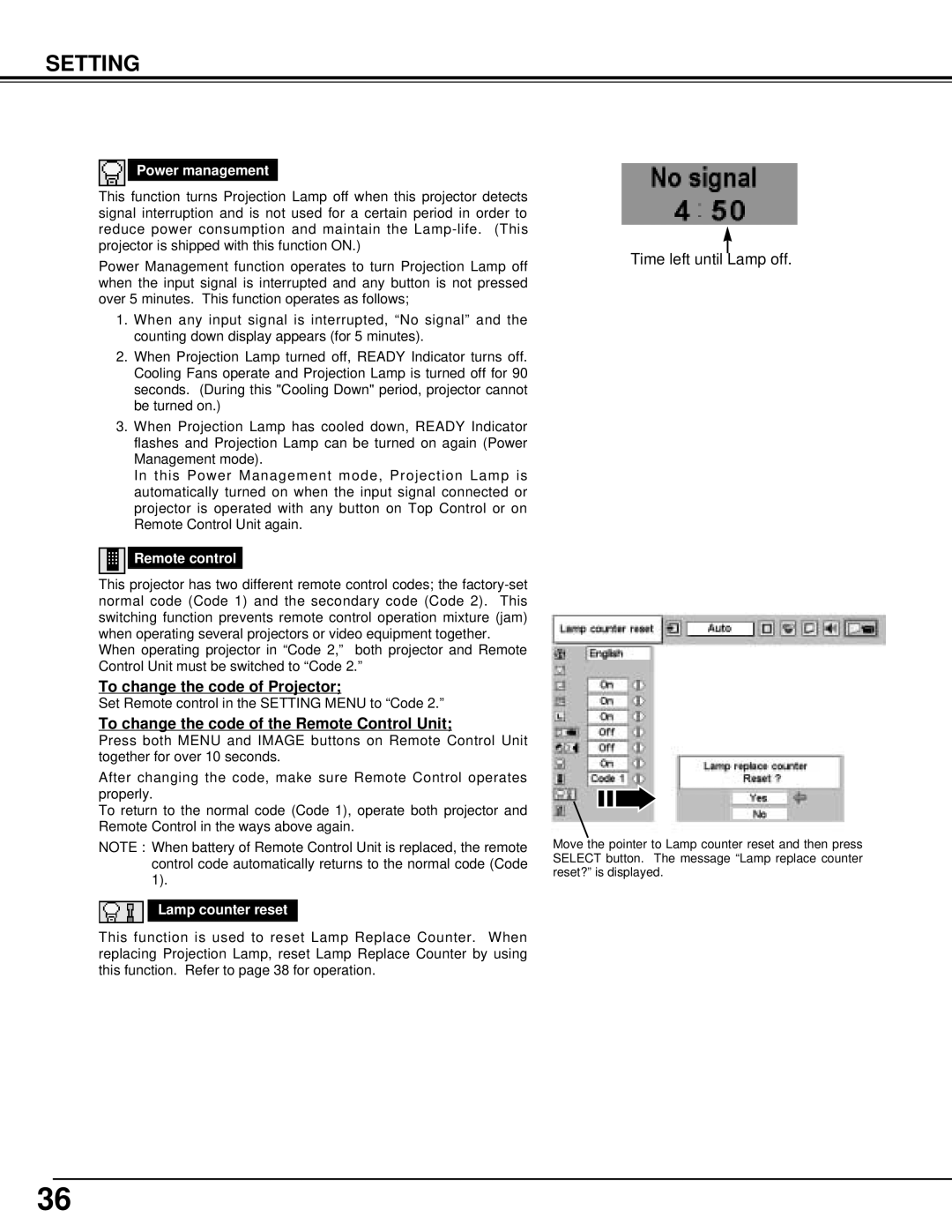 BOXLIGHT XP-8T manual To change the code of Projector, To change the code of the Remote Control Unit, Power management 