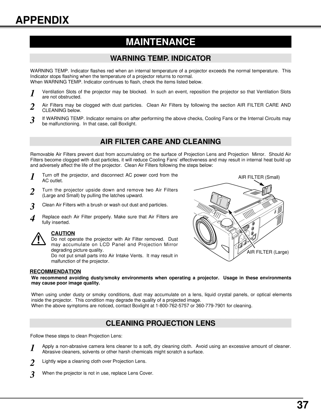 BOXLIGHT XP-8T manual Appendix, Maintenance, AIR Filter Care and Cleaning, Cleaning Projection Lens, Recommendation 