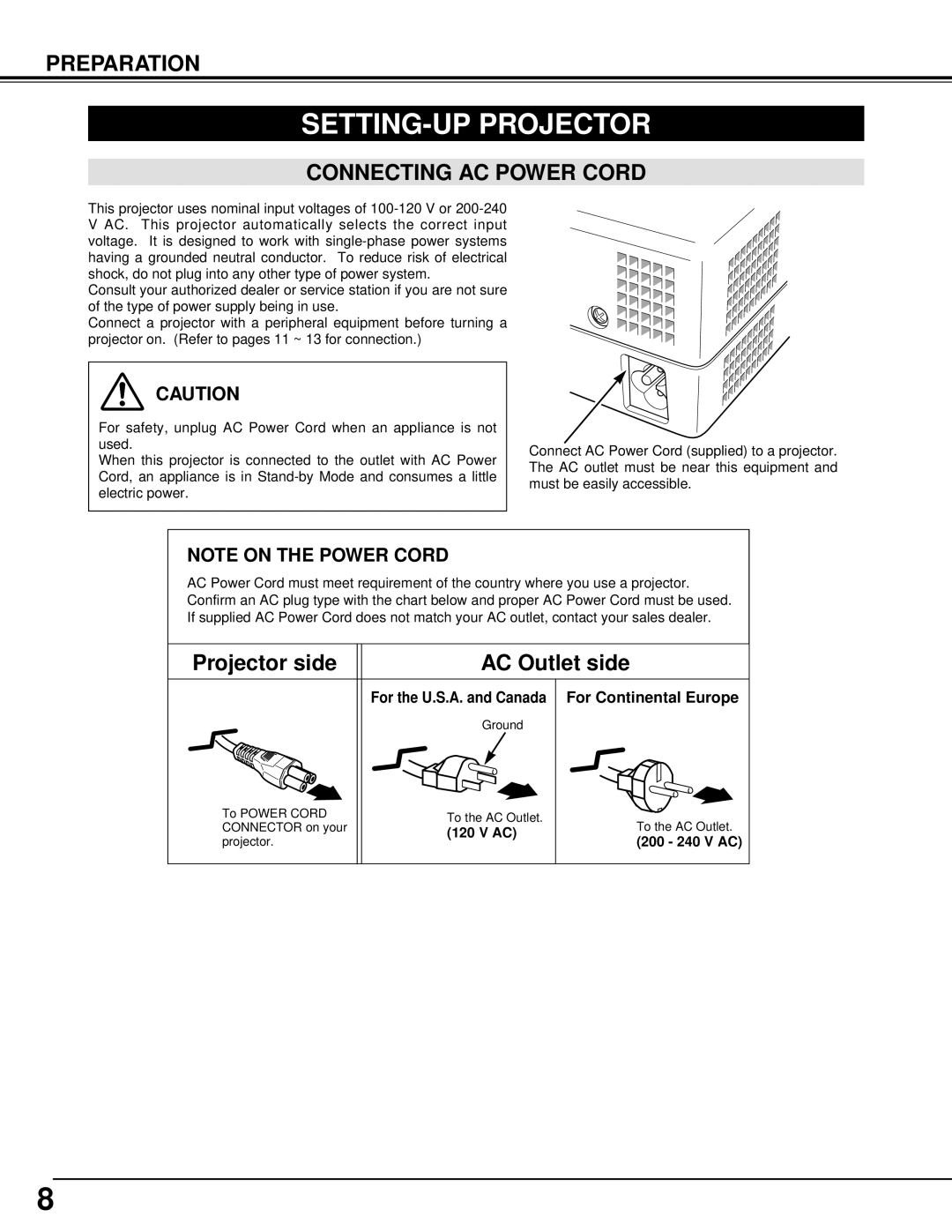 BOXLIGHT XP-8T manual SETTING-UP Projector, Connecting AC Power Cord, For Continental Europe 