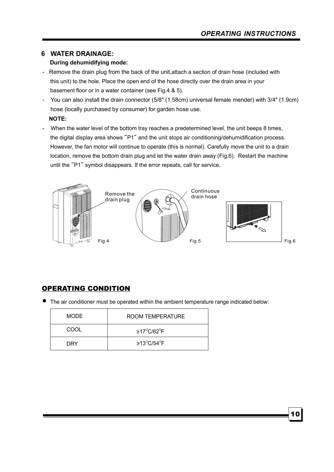 Brada Appliances MPN1-08CR manual 6WATERDRAINAGE, Operatingcondition, 13 OC/54, Removethe Continuous Drainhose Drainplug 