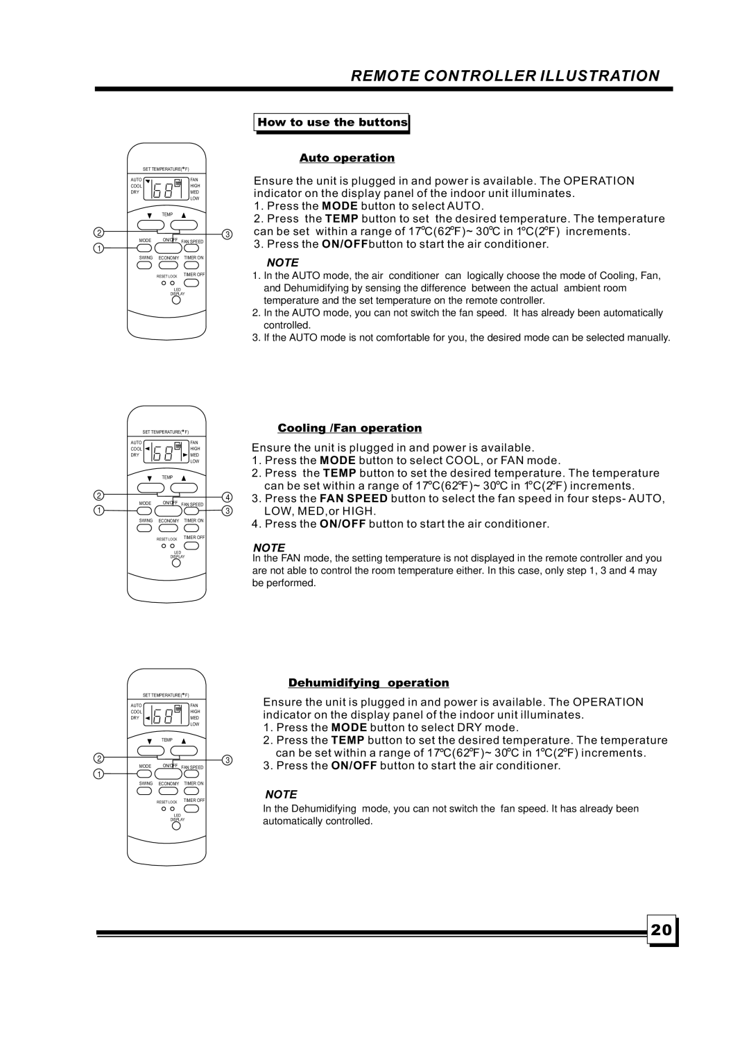 Brada Appliances MPN1-08CR, MPN1-10CR manual Howtousethebuttons Autooperation, Cooling/Fanoperation, Dehumidifyingoperation 