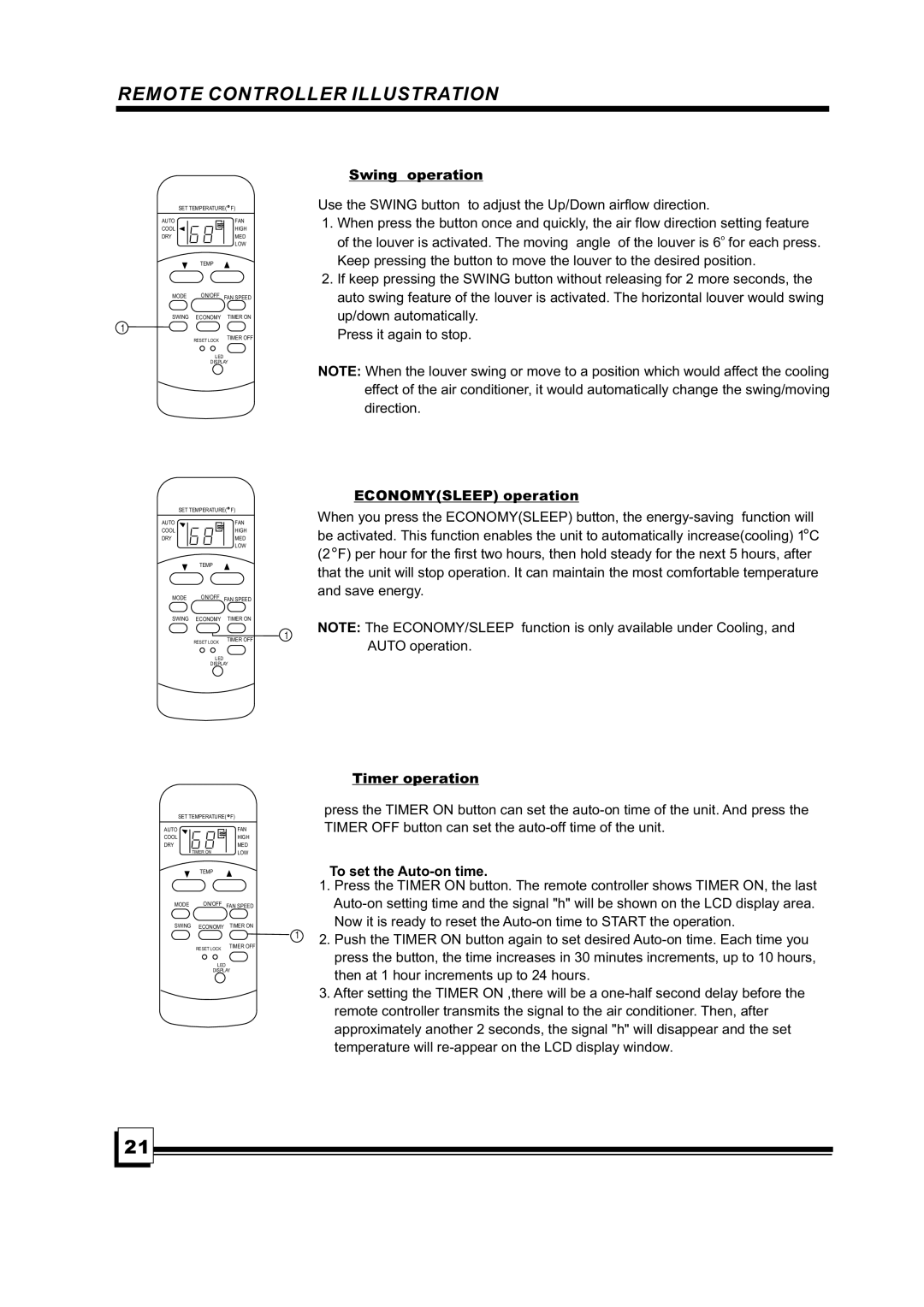 Brada Appliances MPN1-10CR, MPN1-08CR manual Swingoperation, ECONOMYSLEEPoperation, Timeroperation, Tosetthe Auto-ontime 