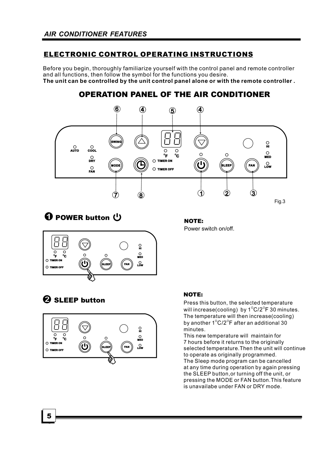 Brada Appliances MPN1-10CR AIR Conditioner Features, Electroniccontroloperatinginstructions, POWERbutton, SLEEPbutton 