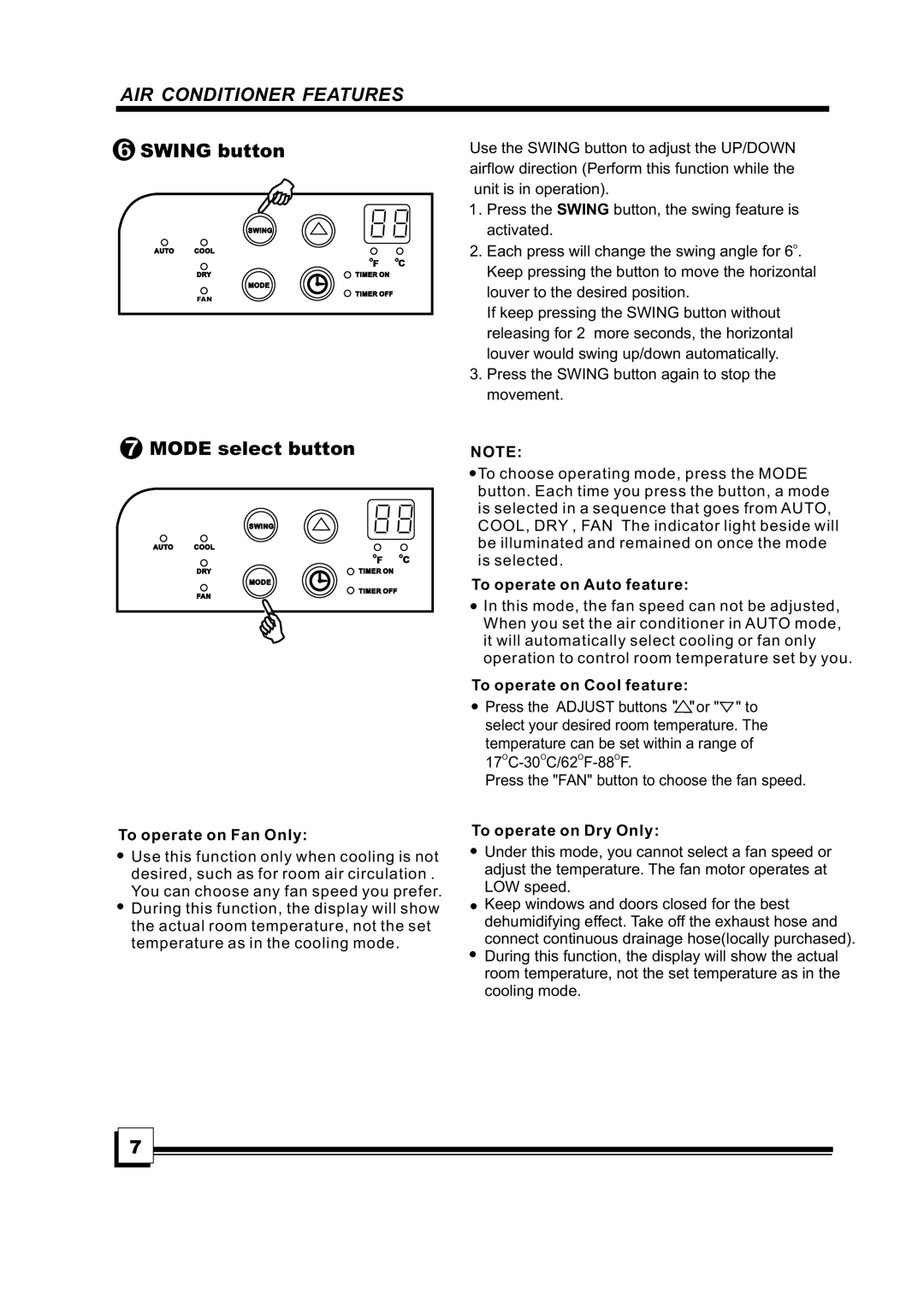 Brada Appliances MPN1-10CR, MPN1-08CR manual SWINGbutton, MODEselectbutton 