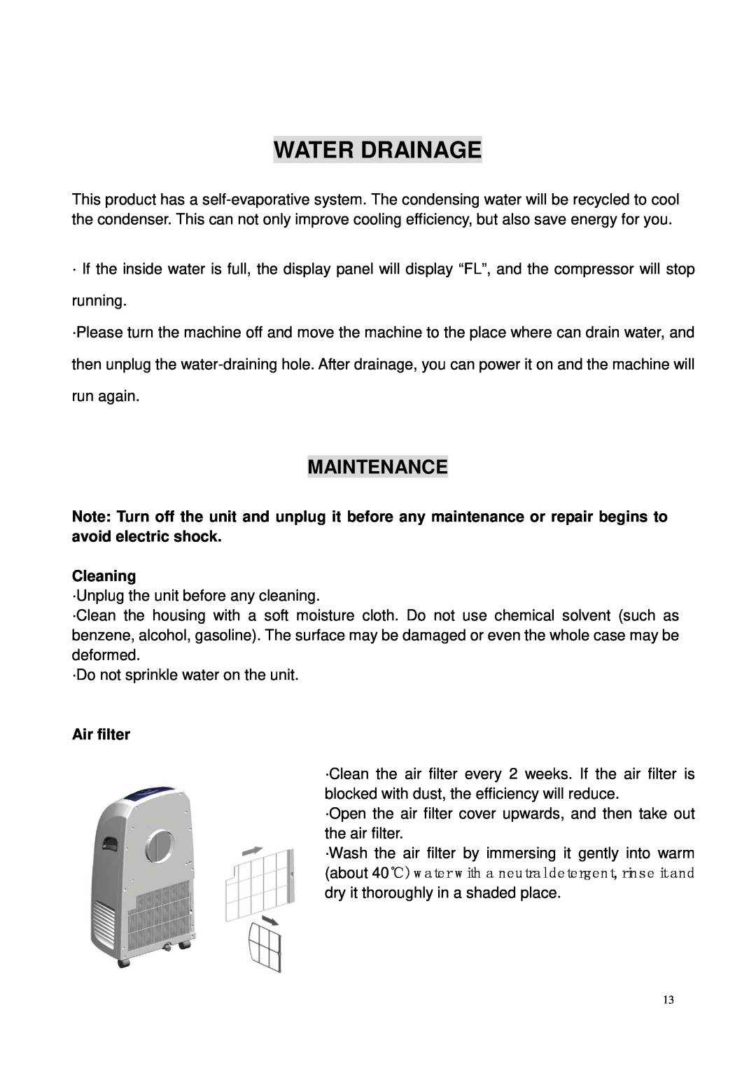 Brada Appliances YPL3-08C instruction manual Water Drainage, Maintenance, Cleaning, Air filter 