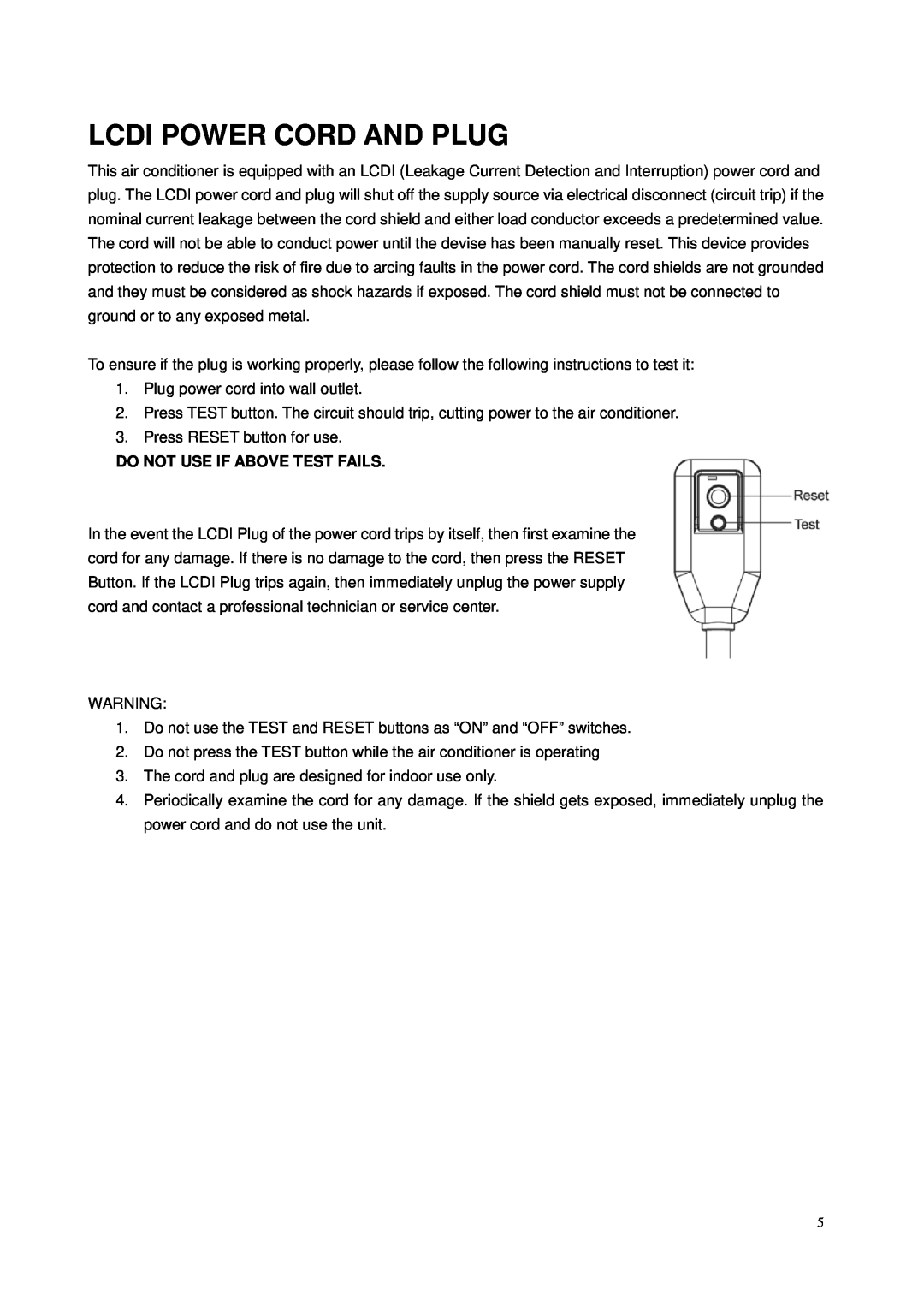 Brada Appliances YPL3-08C instruction manual Lcdi Power Cord And Plug, Do Not Use If Above Test Fails 