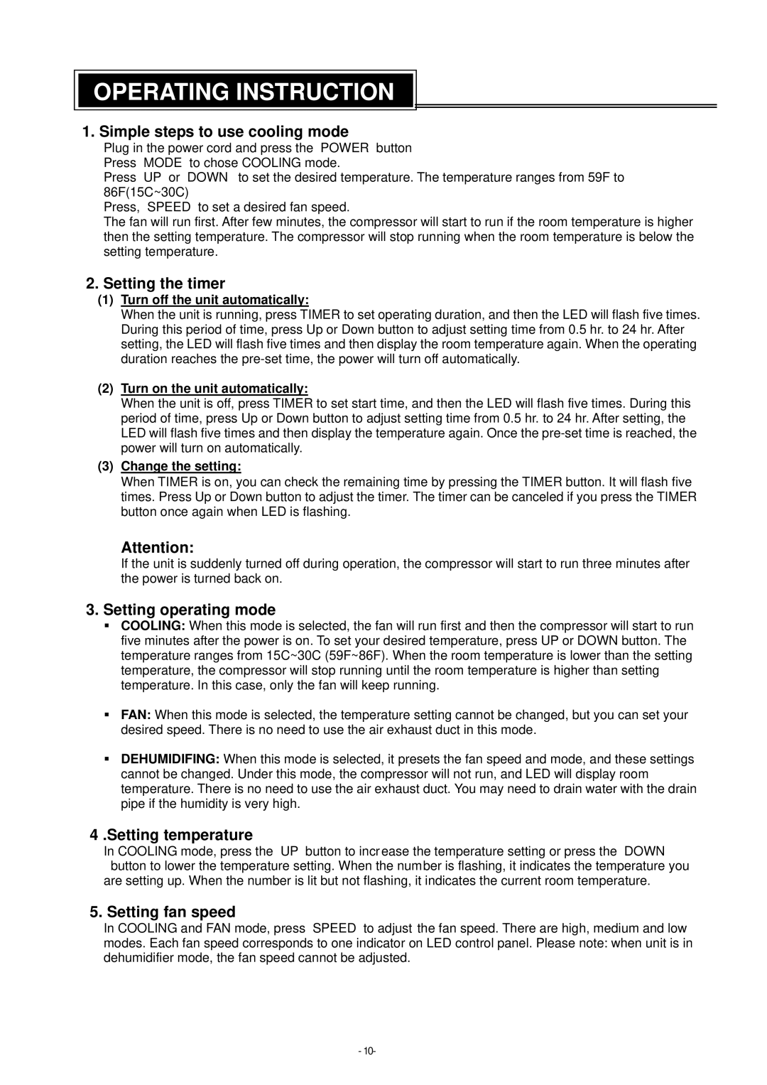 Brada Appliances YPM-06C Simple steps to use cooling mode, Setting the timer, Setting operating mode, Setting temperature 