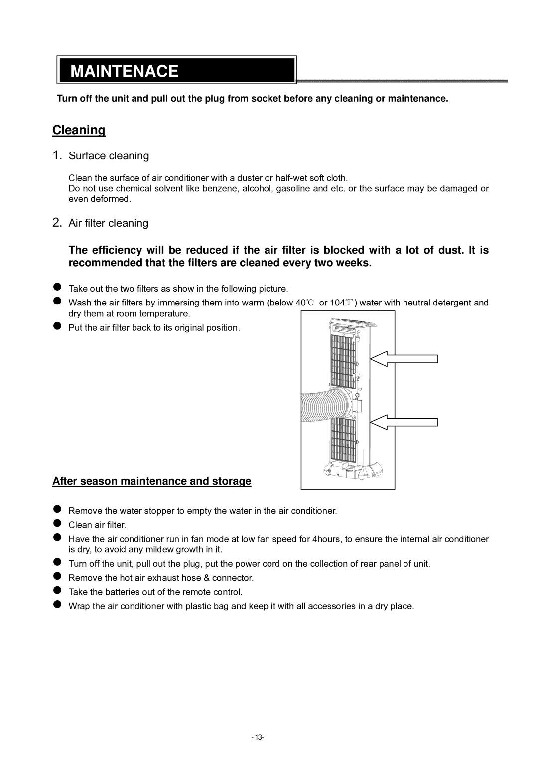 Brada Appliances YPM-06C instruction manual Maintenace, After season maintenance and storage 