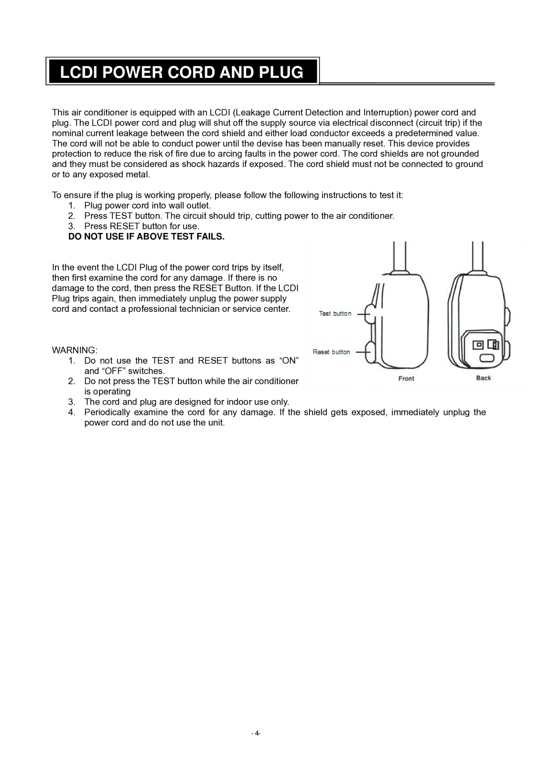 Brada Appliances YPM-06C instruction manual Lcdi Power Cord and Plug, Do not USE if Above Test Fails 