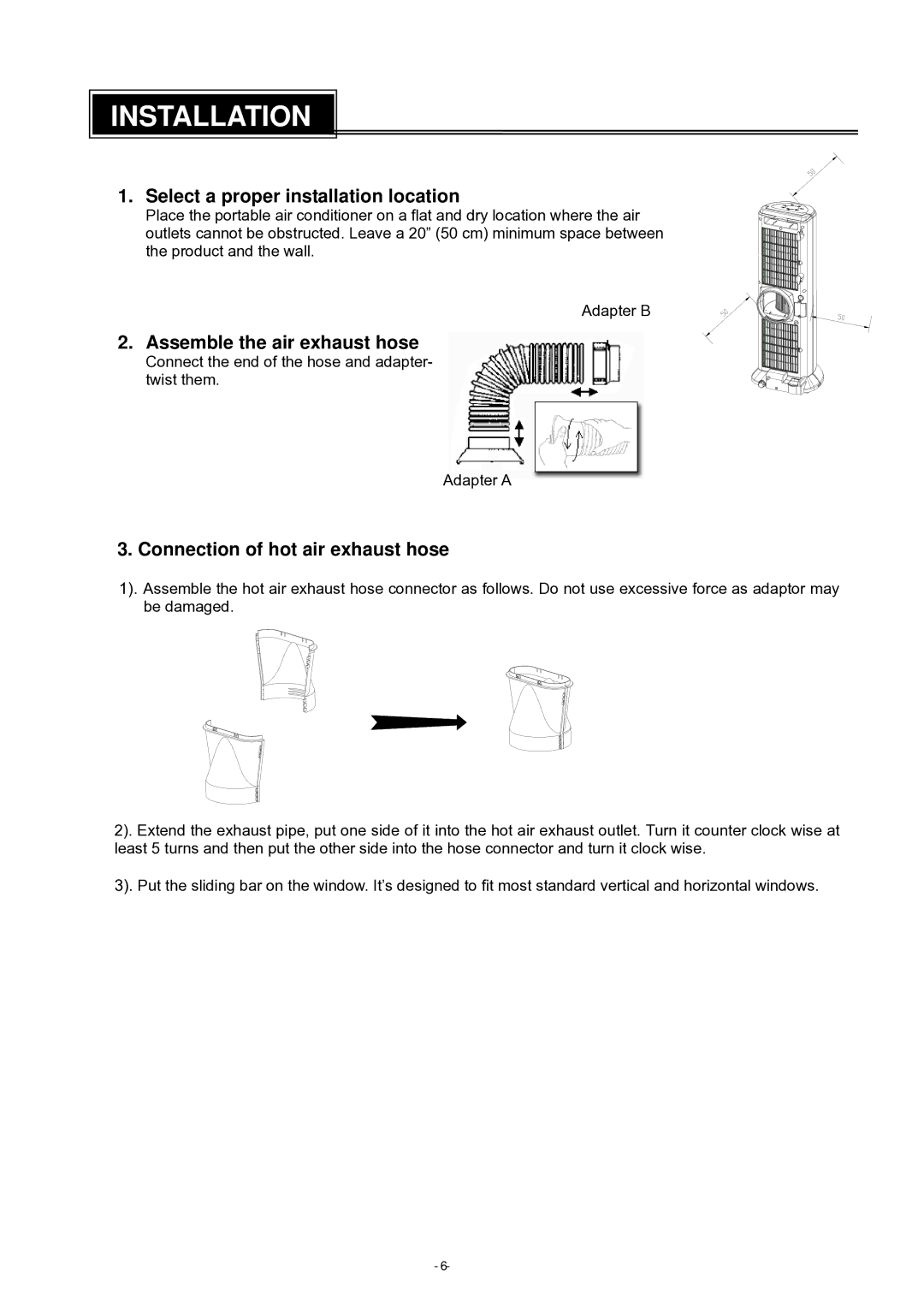 Brada Appliances YPM-06C Installation, Select a proper installation location, Assemble the air exhaust hose 