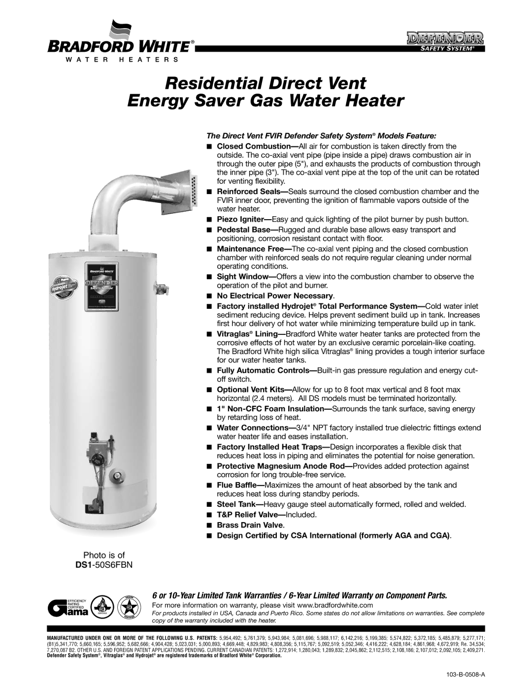 Bradford-White Corp 103-B warranty Residential Direct Vent Energy Saver Gas Water Heater 