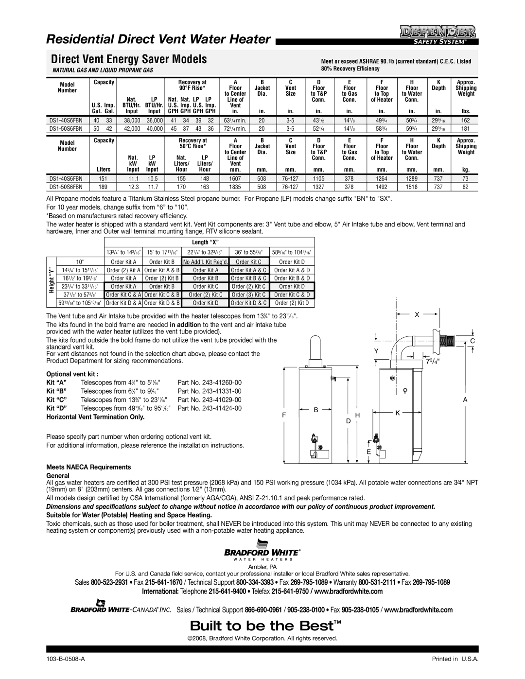 Bradford-White Corp 103-B warranty Optional vent kit Kit a, Kit B, Kit C, Kit D, Horizontal Vent Termination Only, General 