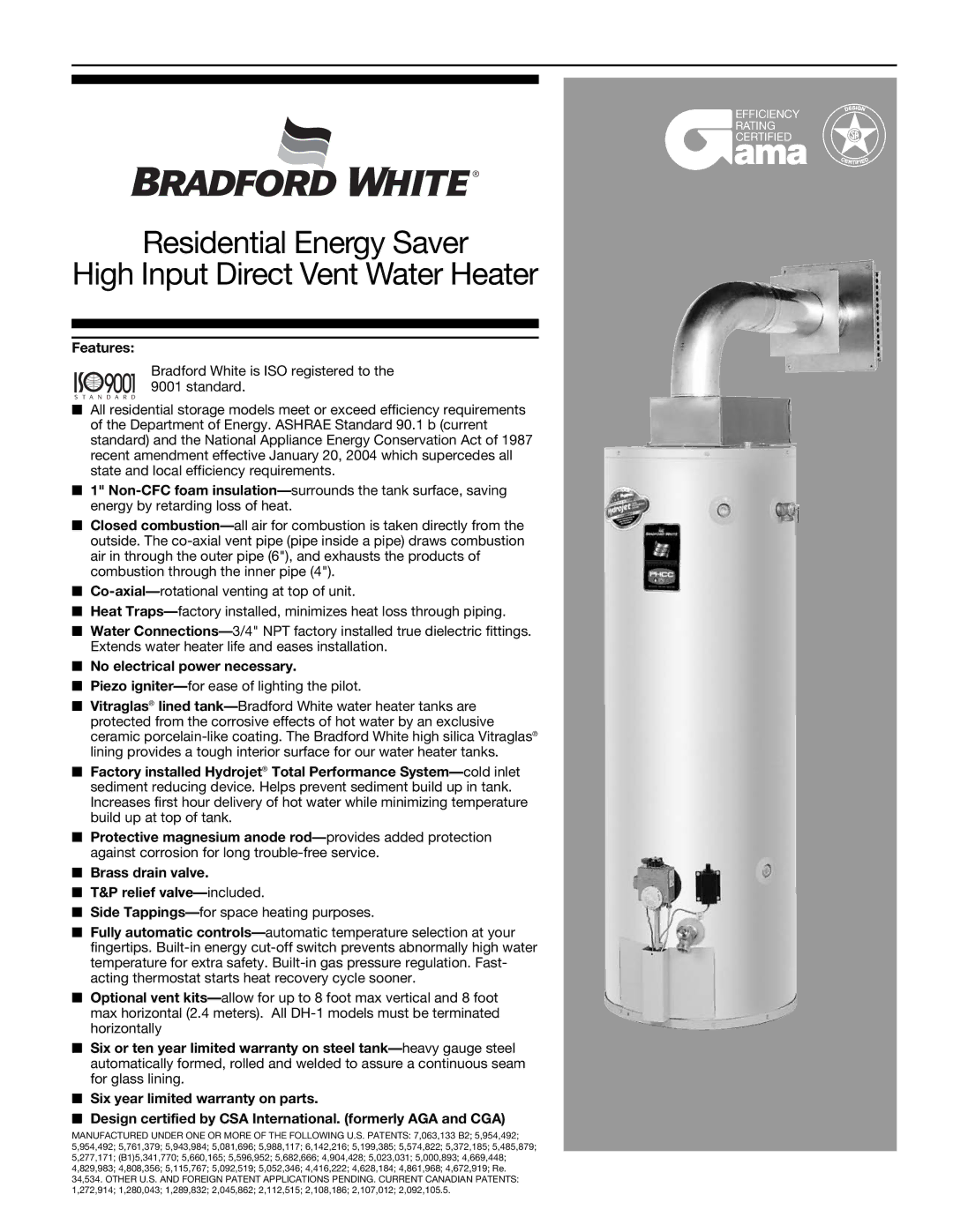 Bradford-White Corp 105-B warranty Features, No electrical power necessary 