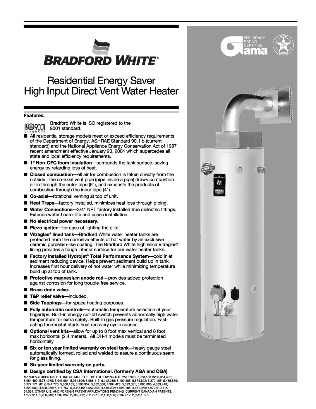 Bradford-White Corp 105-B warranty Residential Energy Saver High Input Direct Vent Water Heater, Features 