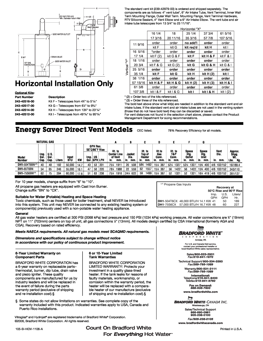 Bradford-White Corp 105-B warranty Horizontal Installation Only, Energy Saver Direct Vent Models, General 