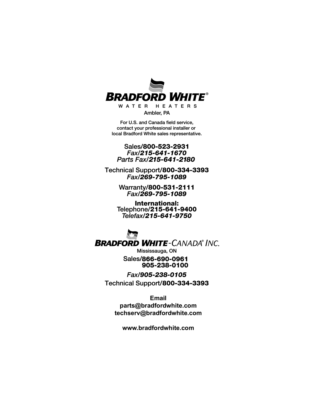 Bradford-White Corp 15, 12, 13 dimensions Parts@bradfordwhite.com Techserv@bradfordwhite.com 