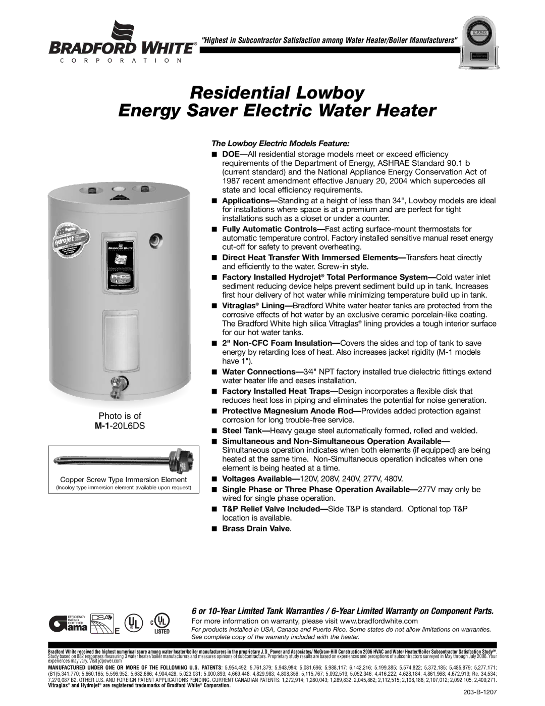 Bradford-White Corp 203-B warranty Residential Lowboy Energy Saver Electric Water Heater, Photo is 20L6DS 