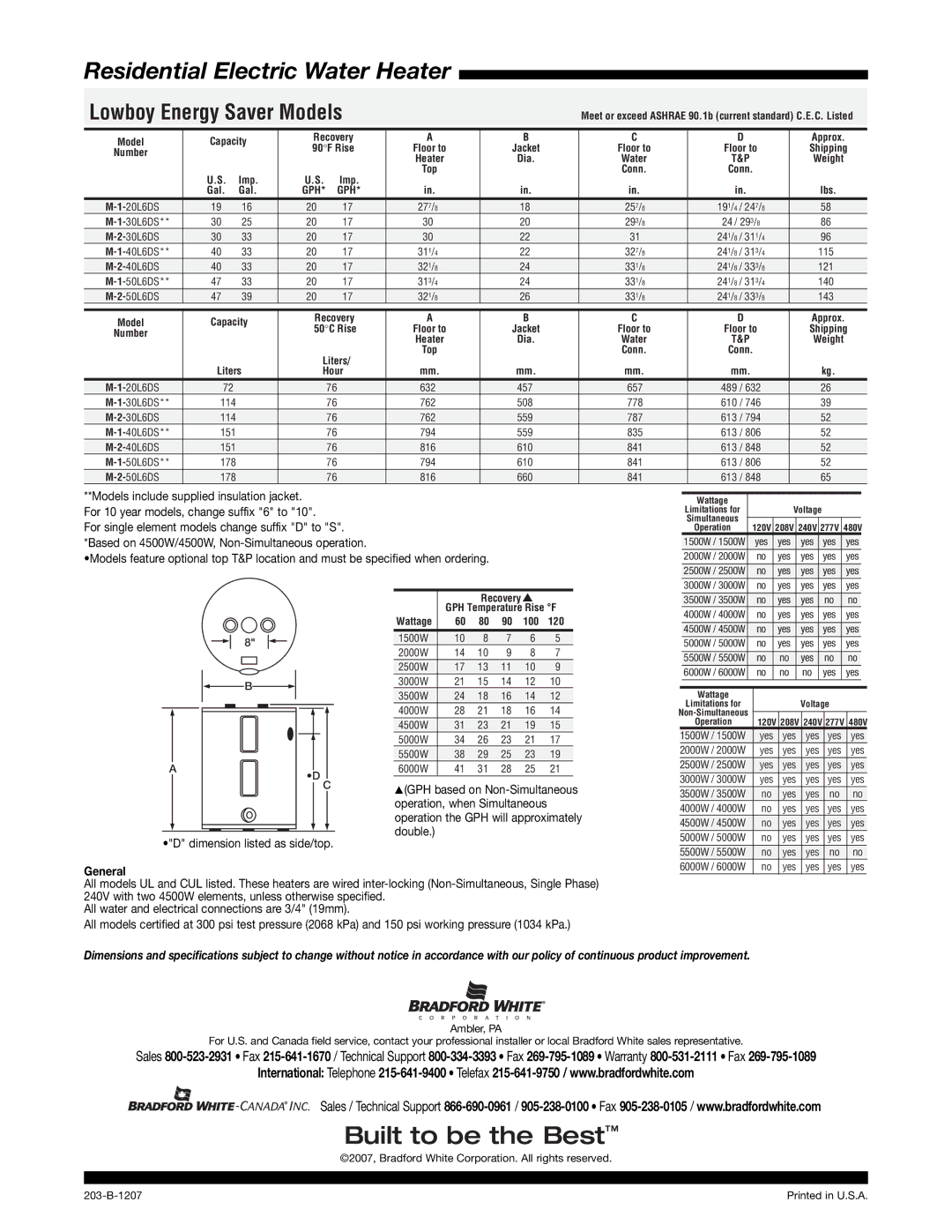 Bradford-White Corp 203-B Residential Electric Water Heater, Lowboy Energy Saver Models, Dimension listed as side/top, Gph 