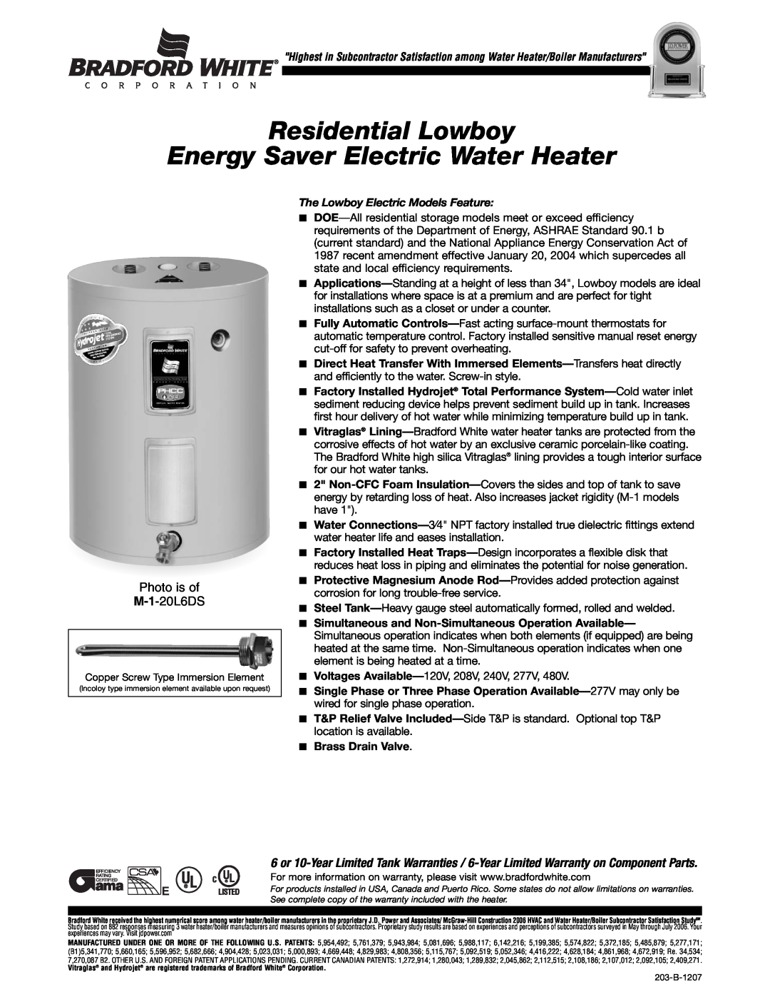 Bradford-White Corp 203-B warranty Residential Lowboy Energy Saver Electric Water Heater, Photo is of M-1-20L6DS 