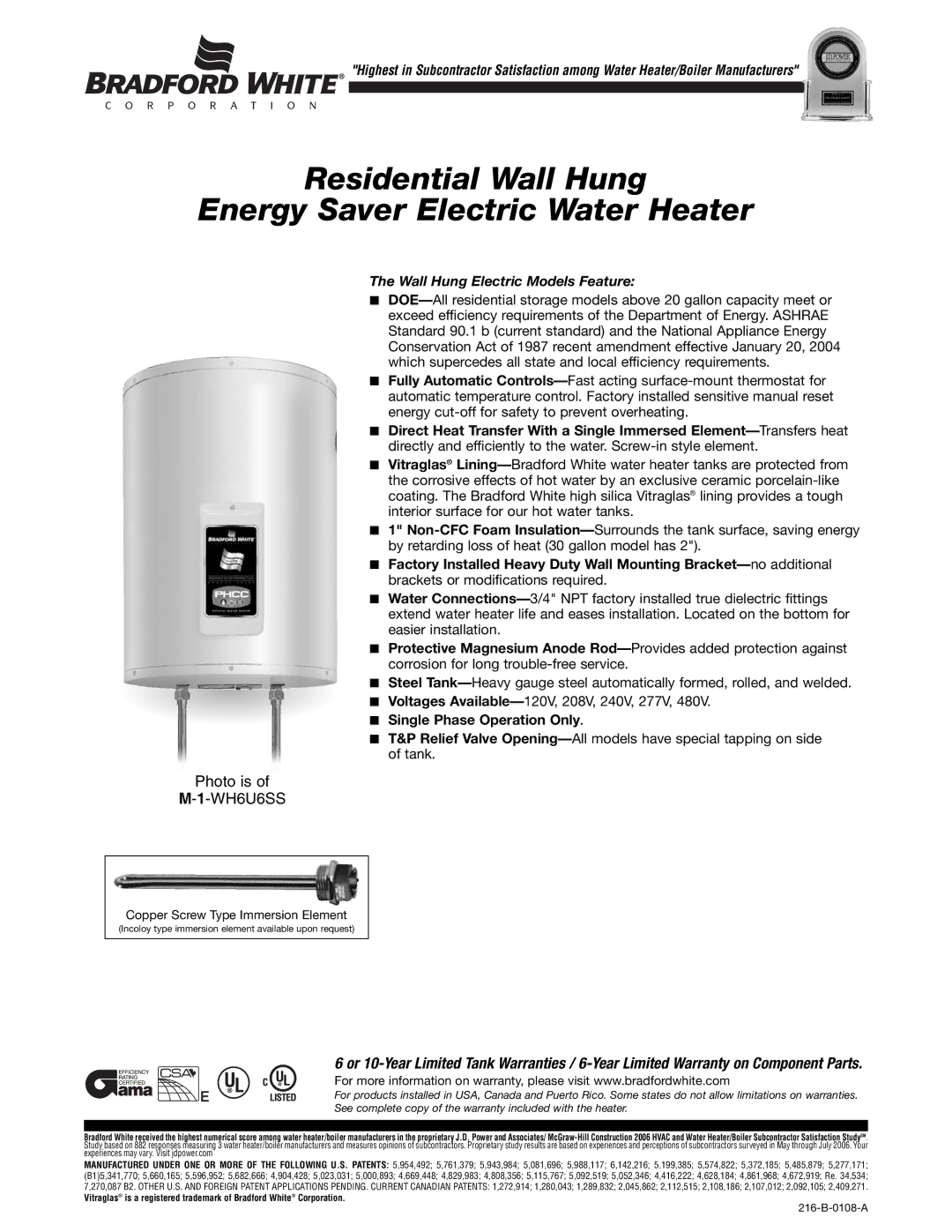 Bradford-White Corp 216-B warranty Residential Wall Hung Energy Saver Electric Water Heater 