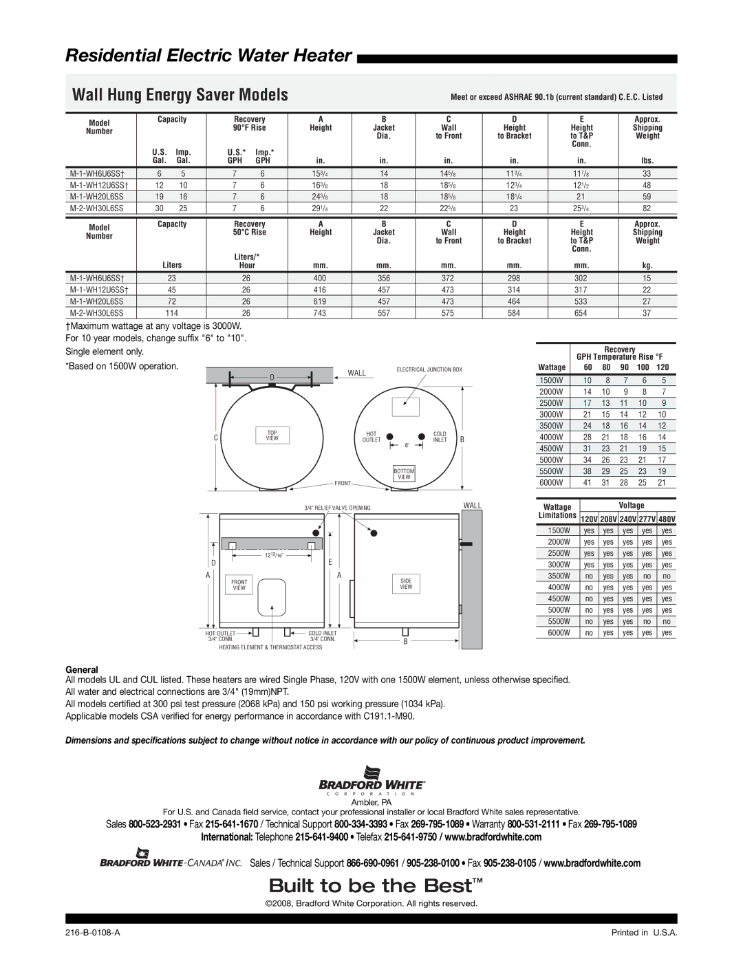 Bradford-White Corp 216-B warranty Residential Electric Water Heater, Wall Hung Energy Saver Models, General, Gph 