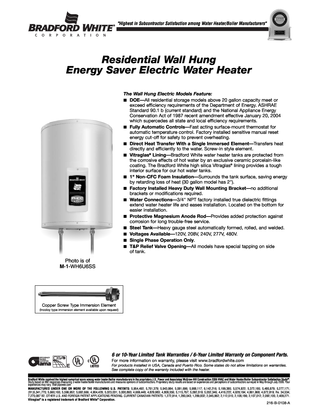 Bradford-White Corp 216-B warranty Residential Wall Hung Energy Saver Electric Water Heater, Photo is of M-1-WH6U6SS 