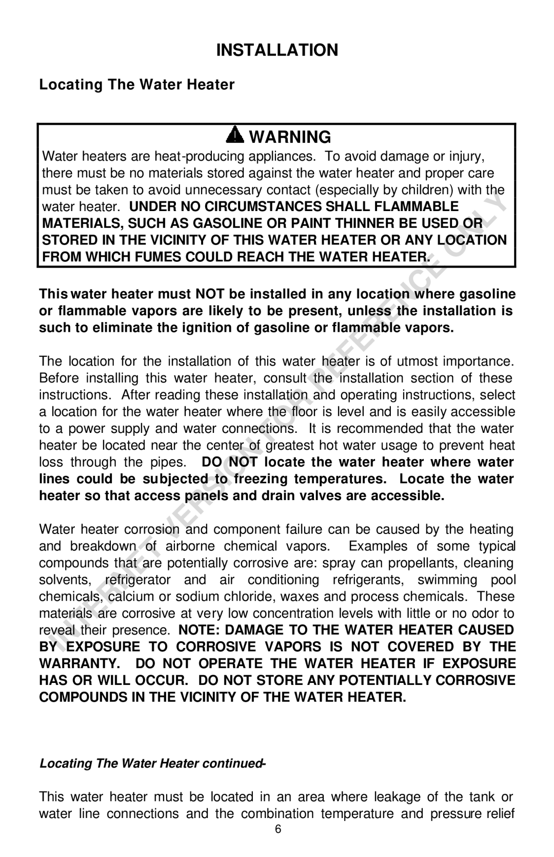 Bradford-White Corp 238-16152-00F instruction manual Installation, Locating The Water Heater 