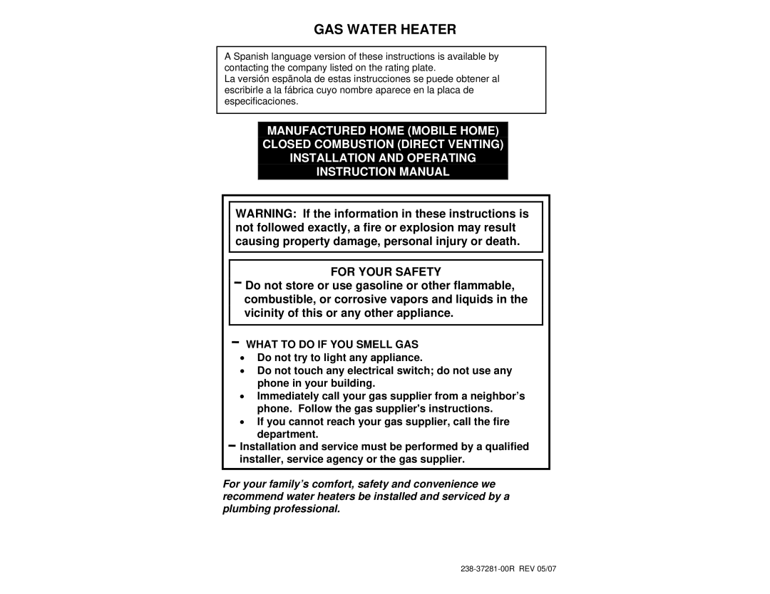 Bradford-White Corp 238-37281-00R instruction manual GAS Water Heater, For Your Safety 