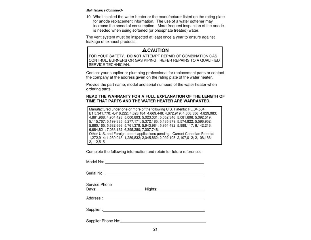 Bradford-White Corp 238-37281-00R instruction manual Maintenance 