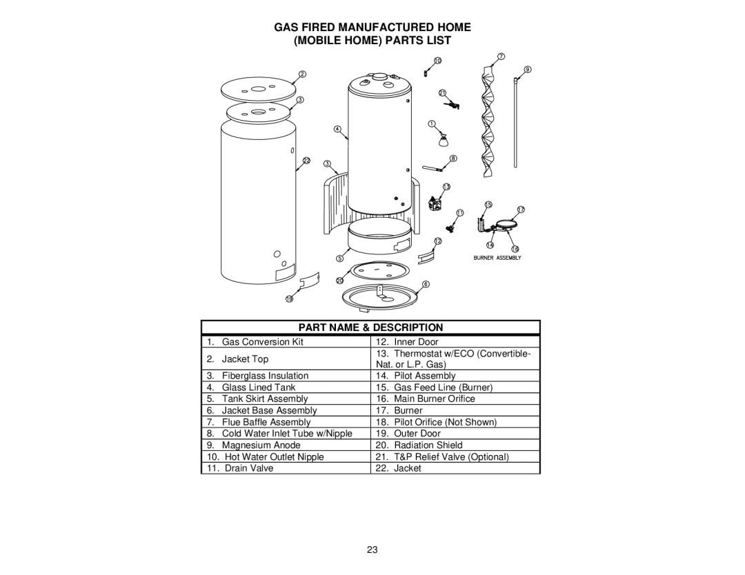 Bradford-White Corp 238-37281-00R GAS Fired Manufactured Home Mobile Home Parts List, Part Name & Description 