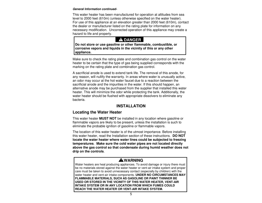 Bradford-White Corp 238-37281-00R instruction manual Installation, Locating the Water Heater 