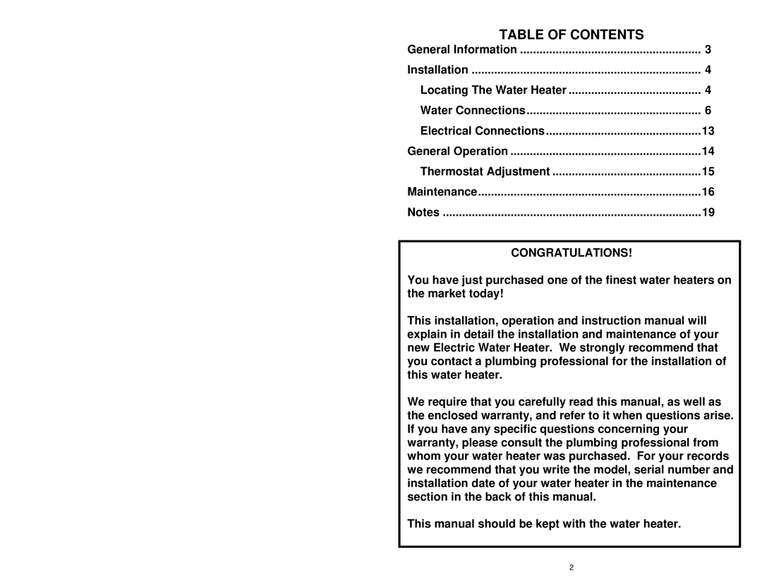 Bradford-White Corp 238-44422-00G instruction manual Table of Contents 