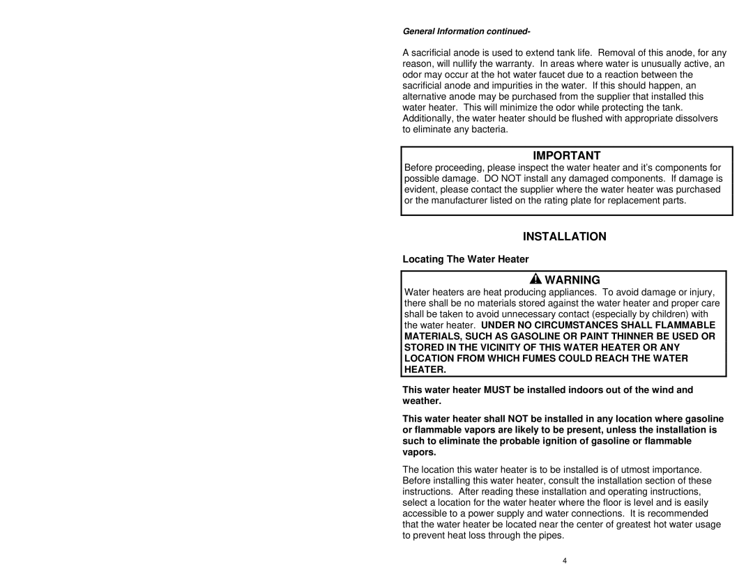 Bradford-White Corp 238-44422-00G instruction manual Installation, Locating The Water Heater 