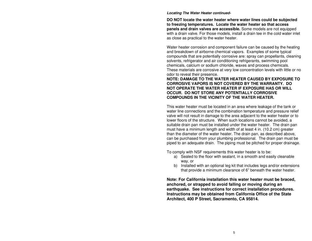 Bradford-White Corp 238-44422-00G instruction manual Locating The Water Heater 