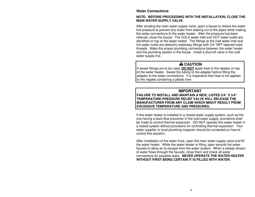 Bradford-White Corp 238-44422-00G instruction manual Water Connections 