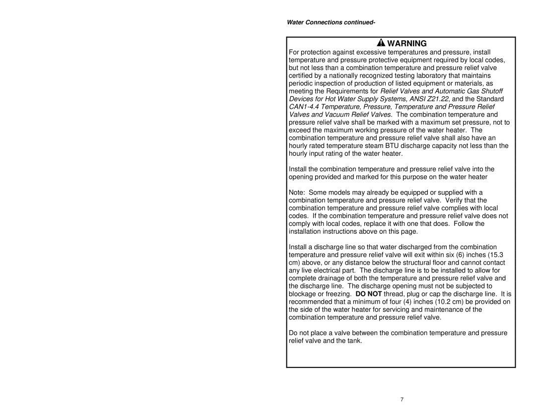 Bradford-White Corp 238-44422-00G instruction manual Water Connections 