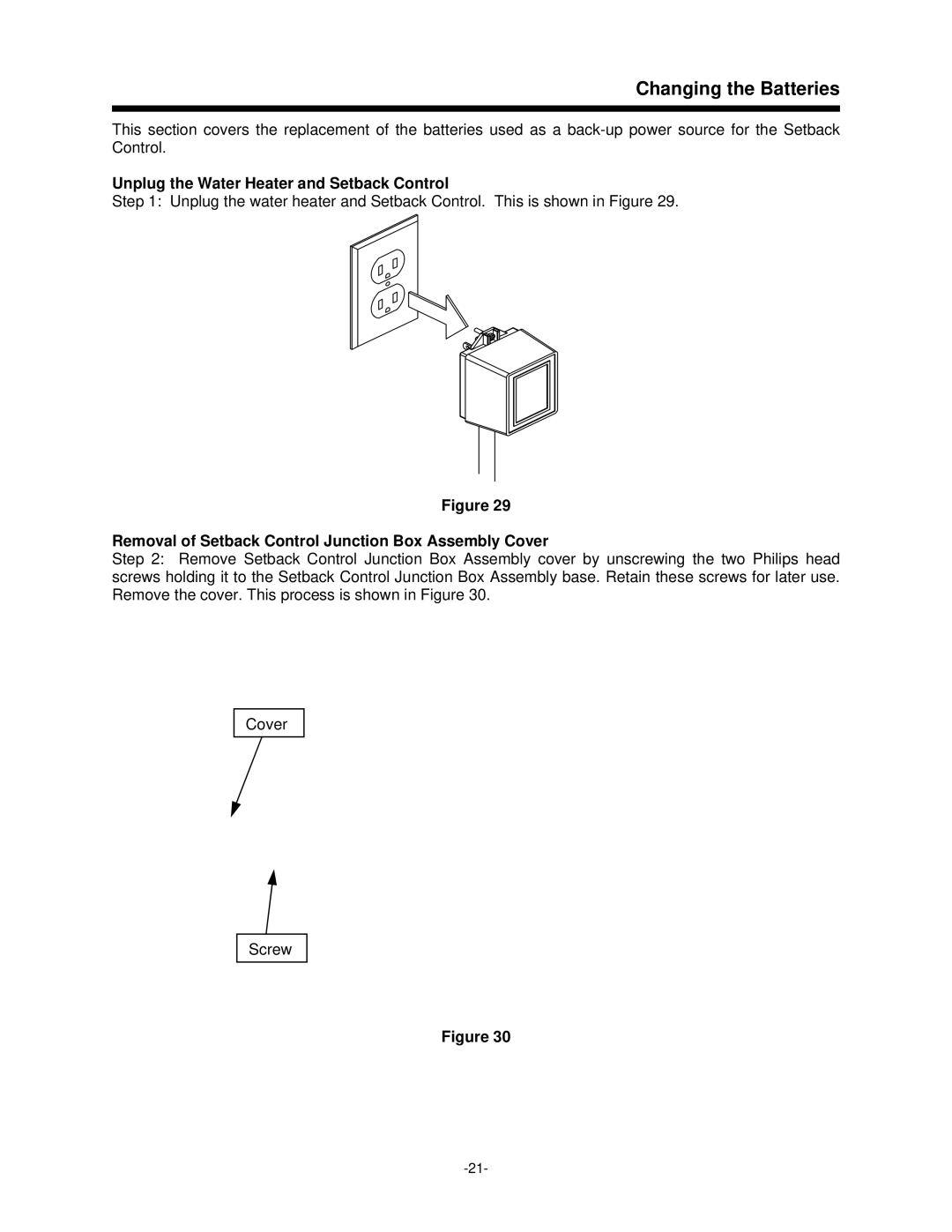 Bradford-White Corp 47808A, 238-47808-00A Changing the Batteries, Removal of Setback Control Junction Box Assembly Cover 